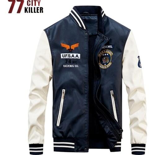 77City Killer Dropshipping Leather Jacket Men Baseball Motorcycle Patchwork PU Jackets Male Fleece Windproof Faux Leather Jacket