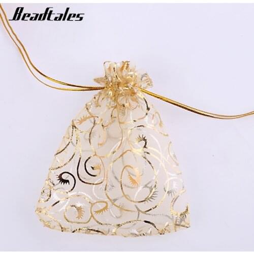 Beadtales 25pcs/lot Gold Color Circle Pattern Beads Jewelry Organza Jewelry Pouch Favor Wedding Party Gift Net Small Bag