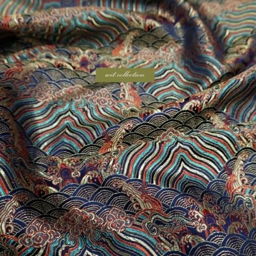 CF1117 silk satin fabric Qipao ancient costume Hanfu kimono with navy blue moire brocade fabric antique fabric DIY materials