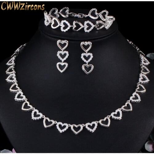 CWWZircons Lovely Women Engagement Party Heart Shape Necklace Earring Bracelet 3 pcs Cubic Zirconia Jewelry Set for Wedding T499