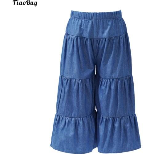 TiaoBug 4 To 16 Years Kids Girls Stylish Jeans Clothing Elastic Waistband Ruffle Skirt Style Solid Color All-Match Denim Pants