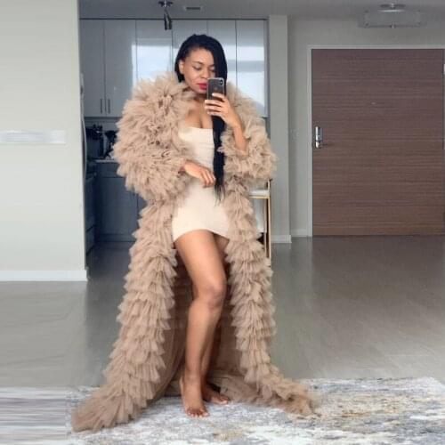 Elegant Khaki Robes Dresses Tulle Tiered Full Sleeves Puffy Prom Gowns Plus Size Women Photography Tulle Jacket Gown