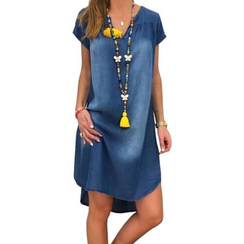 Gradient V Neck Short Sleeve Straight Fashion Jean Dress Women Summer Loose Streetwear Plus Size Denim Midi Dresses