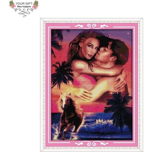 Joy Sunday R528 Free Shipping 14CT 11CT Counted and Stamped Home Decor Hawaii Couples Needlepoints Embroidery Cross Stitch kits