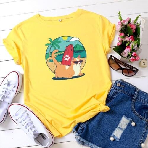 Summer sunny beach nostalgic holiday cat T-shirt 100% cotton women mama women clothing harajuku oversized t shirt t shirts