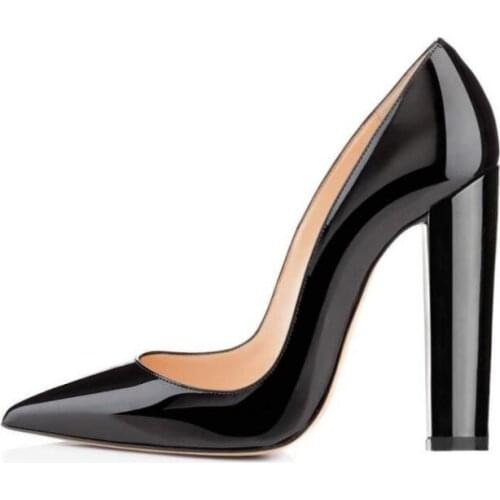 Moraima Snc Sexy Pointed Toe Thick Heels Shoes for Woman Black Patent Leather Shallow Stiletto Heels 12cm Runway Party Shoes