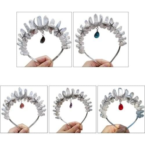 Raw Crystal Quartz Headband Crown Marine Metal Moon Shell Starfish Hair Hoop Forehead Diamond Pendant Tiara Headpiece