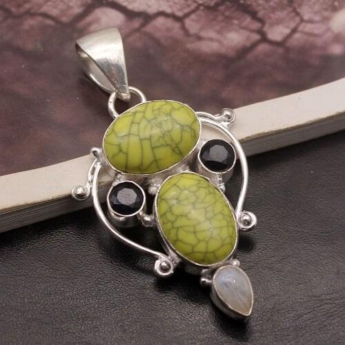 Hermosa Fashion WhiteMoonstone Turquoisee BlackOnyx Charms Pendant Necklace 2 3/8 inch A538