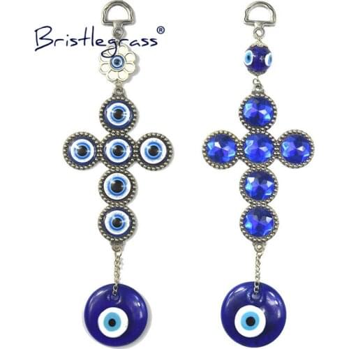BRISTLEGRASS Turkish Blue Evil Eye Rhinestone Flower Cross Amulet Lucky Charm Wall Hanging Pendants Pendulum Blessing Gift Decor