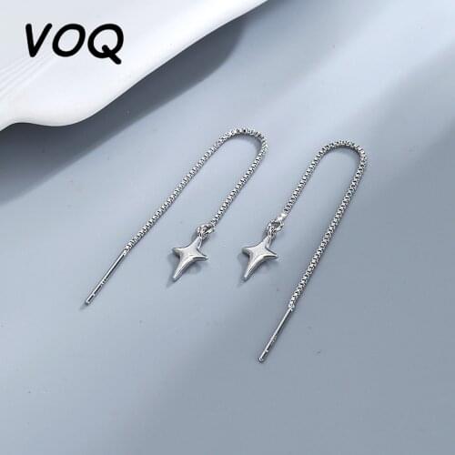 VOQ 925 Sterling Silver Simple Cross Earrings Long Tassel Ear Chain Ladies Earring Gift Pendant
