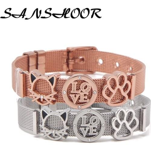 SANSHOOR Cute Stainless Steel Mesh Keeper Bracelet Set With Rubber Blocker and Cat Love Paw Silde Charms As Gift For Women
