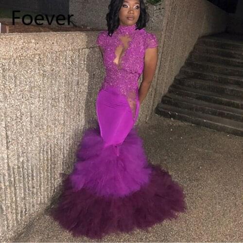 Sexy Beaded Applique Long Mermaid Prom Dress 2019 High Neck Short Sleeve Tulle Tiered Bottom Formal Party Dress