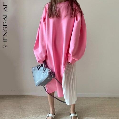 SHENGPALAE Fashion Solid Color Dress Womens Autumn 2021 New Round Neck Waist long Sleeve Mid-calf Pleated Dresses Female Tide