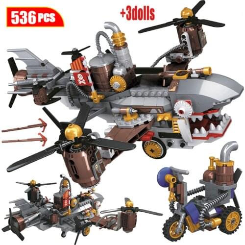 City Creator Age Of Steam Series Shark Airship Building Blocks Sets Military Helicopter Figures Bricks Toys For Children Gift