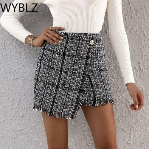 WYBLZ 2021 Autumn and Winter Women Wild Stitching Plaid Cloth Bag Hip Skirt Sexy Light Mature Temperament Waist Slim Skirt Women