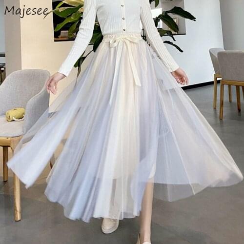 Skirts Women Mesh Sweet Summer Girlish Bow Design Patchwork Casual Holiday Simple Female Party Elastic Waist Korean High Street