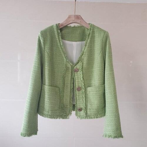 France Style Womens elegant green V-neck Tweed jackets cpat B408