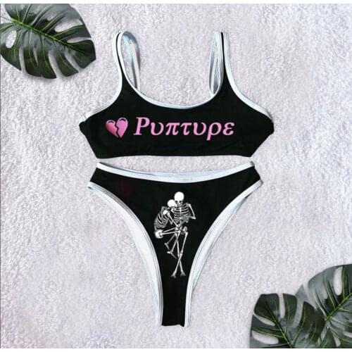 Women Two-piece Skull Print Bikini Suit Split Bathing Suit High Waist Sleeveless Swimsuit Adjustable Shoulder Strap Beach Wear