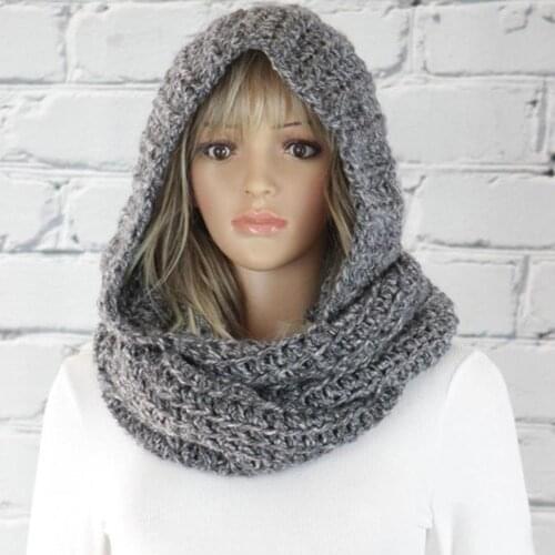 Womens Scarf Autumn Winter Solid Color Warm Knit Scraf Woolen Yarn Hood Cap Neck Wrap