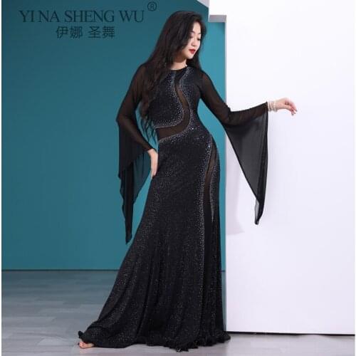 Belly Dance Dress Round Neck Sequins Long Skirt Flared Sleeves Competition Clothes Woman Elegant Performance Practice Clothing
