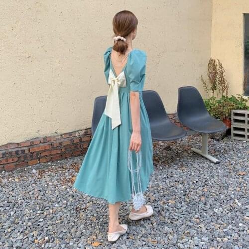 Backless Casual 2021 Loose Vintage Elegant Womens Dresses Tunics Midi Puff Sleeve Korean Plus Size Summer Light Dress Fashion