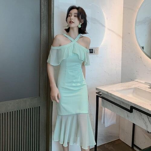 Fashion women new arrival comfortable sexy chiffon formal trumpet dress off shoulder backless elegant high quality mermaid dress