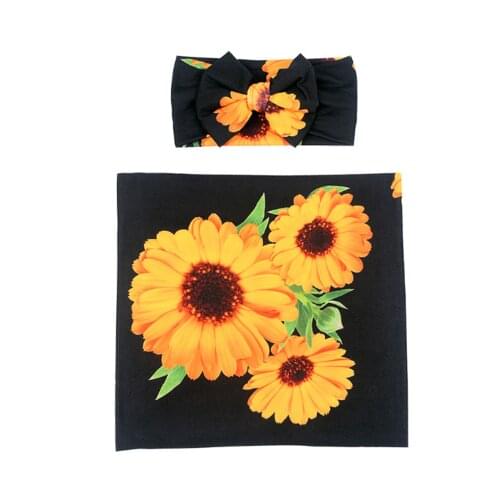 Infant Newborn 2 Piece Sleep Wrap Sets Cute Sunflower Printed Baby Swaddle Blanket + Bowknot Headband