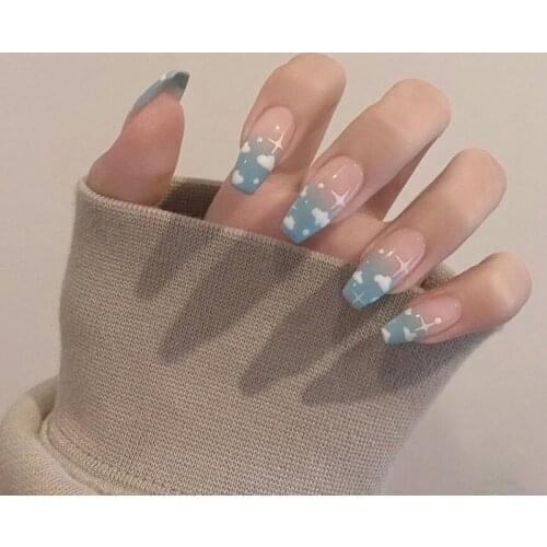 24Pcs Blue Sky White Cloud Pattern False Nail French Full Cover Fake Nails Tools Nail Manicure Decoration Nail