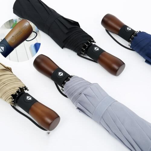 High Quality Automatic Umbrella Fold Male Business Solid Wood Handle Retro Three-folding Umbrella Mens Gifts