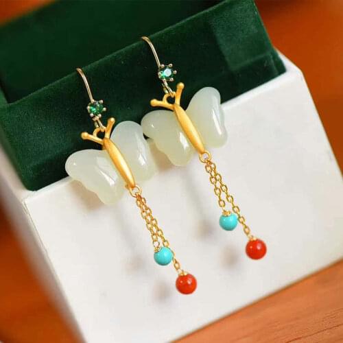 Ancient Gold S925 Sterling Silver Fimbrilla Butterfly Dance Earrings Natural Hetian Jade Butterfly Earrings Super Fairy Retro Or