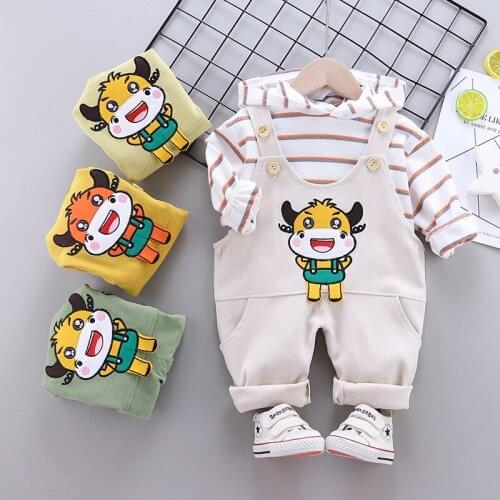 Kids Spring Autumn Clothes Sets Baby Boys Girls New Striped Hoodie +Cartoon Cattle Jumpsuit Fashion Toddler Cute Clothing Suits
