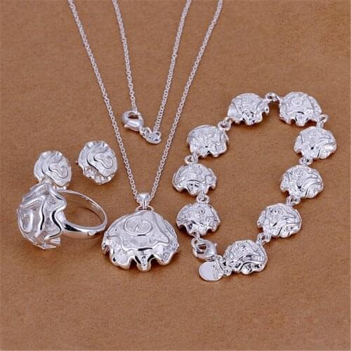 Selling silver color jewelry set temperament charm rose flower pendant necklace bracelets ring Stud Earrings S296