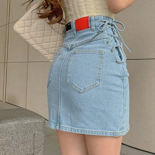Korean Chic Diamond Buckle High Waist Denim Skirt Straps Sexy Short Skirt Plus Size Summer Streetwear Lace Up Mini Saia