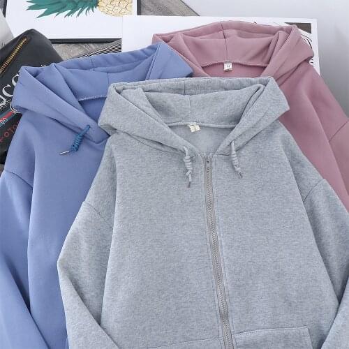 Jacket Women Solid Color Oversized Hoodies Autumn Winter Korean Loose Plus Velvet Thick Zipper Sweatshirt Tops Jogging Femme