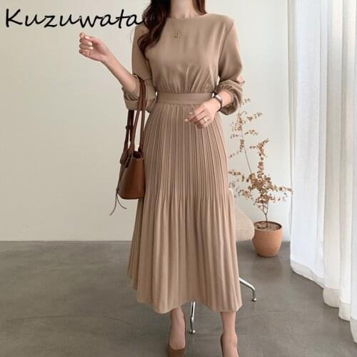 Kuzuwata Korean Elegant Women Dresses Round Neck Long Sleeve Drawstring Slim Waist Pleated Vestidos Casual Over Knee Long Robe