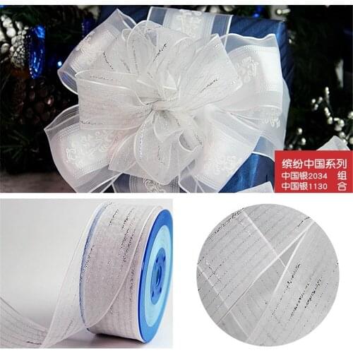 38MM X 25 Yards White Organza Wire Edge Ribbon with lurex decorate for Birthday Decoration Gift Wrapping 1-1/2"