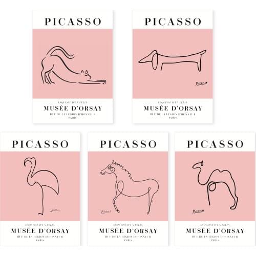Picasso line drawing animal cat dog flamingo horse camel art poster reproduction 5 in 1 set unframed HD printing