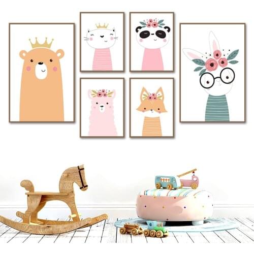 Bear Bunny Panda Alpaca Cat Fox Flower Animal Wall Art Canvas Painting Nordic Posters And Prints Wall Pictures Kids Room Decor