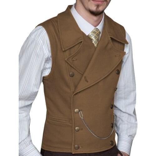 Mens Suit Vests Brown Denim Vintage Double Breasted Gentlemen Peak Waistcoat Suede For Wedding Groomsmen Chaleco Hombre Vestir