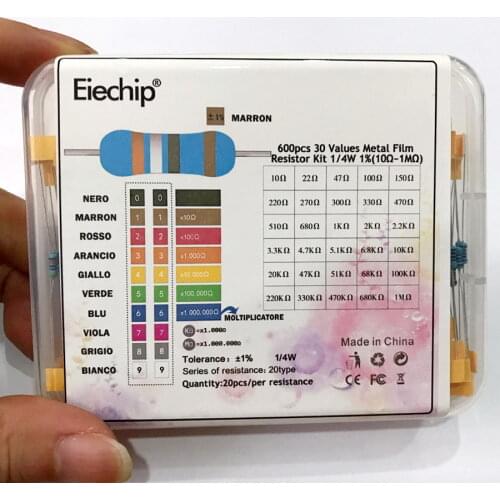 600pcs/lot 30Values* 20pcs 1% 1/4 W resistor pack set diy Metal Film Resistor kit use colored ring resistance (10 ohms~1 M ohm)