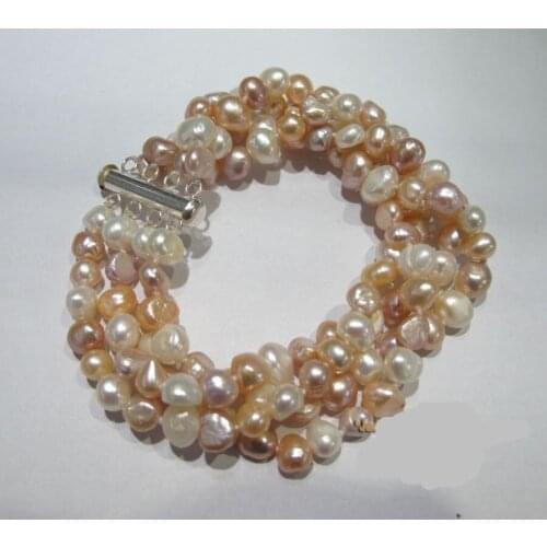 Natural freshwater cultured pearls irregular baroque 7-8 mm white pink purple Bracelet 8" With Sterling Silver Clasp