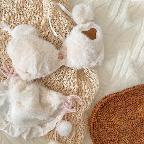 Japanese Girl Underwear Cute Anime Cartoon Bear Student Plush Steel Ring Bowknot Bra Panty Set Women Sexy Lingerie Set