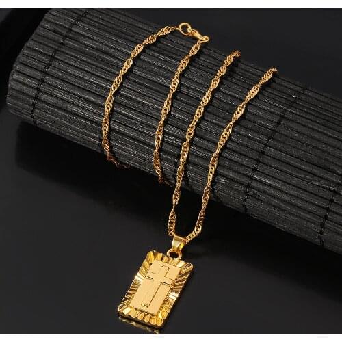 New Square Christian Cross Pendant Necklace Gold Color Jesus Christ Crucifix Charm Chain for Men Women