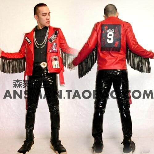 New Nightclub Male singer DJ DS costumes jacket Mens Fringed leather slim jacket stage performance outwear