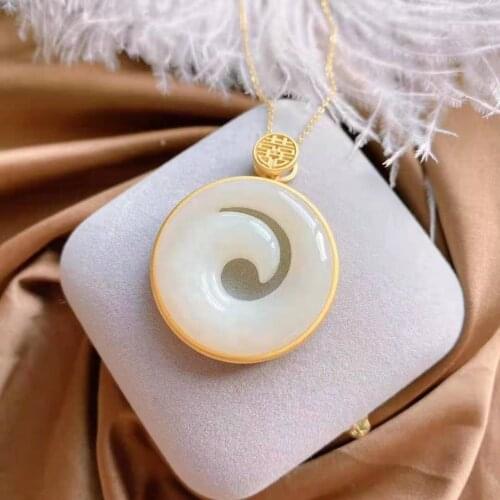 New silver inlaid natural Hetian white jade Round Pendant Necklace with unique ancient gold light luxury charm womens jewelry