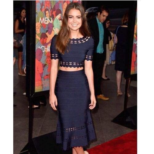 Wholesale 2016 new elegant sexy cute women deep blue two piece set half sleeve long evening party Bandage Dress