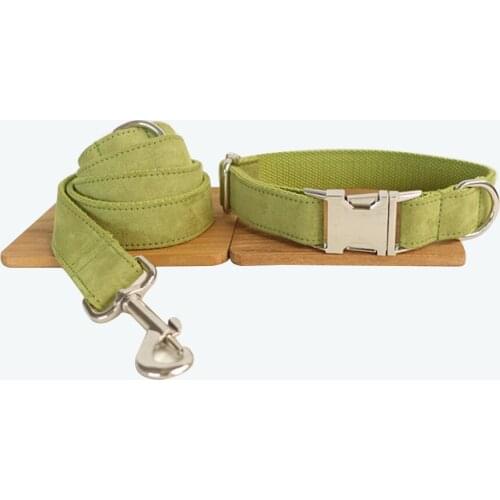 Customized Dog Collar Engraved Puppy ID Tag Leash Collar Set Adjustable Outdoor Solid Canvas Pet Collar Leash THE CANDY GREEN