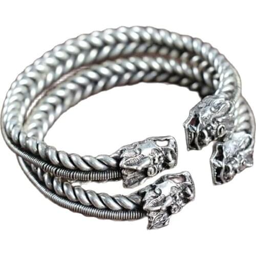 A Pair Tibet Silver Jewelry, Handmade Jewelry, Twisted Double Loong Head Bracelet