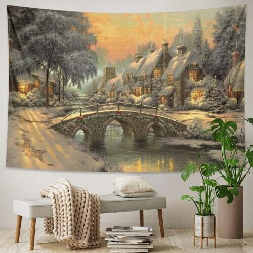 Christmas snow view home art tapestry fantasy scene fairy tale house Bohemian decorative yoga mat sofa blanket bed sheet