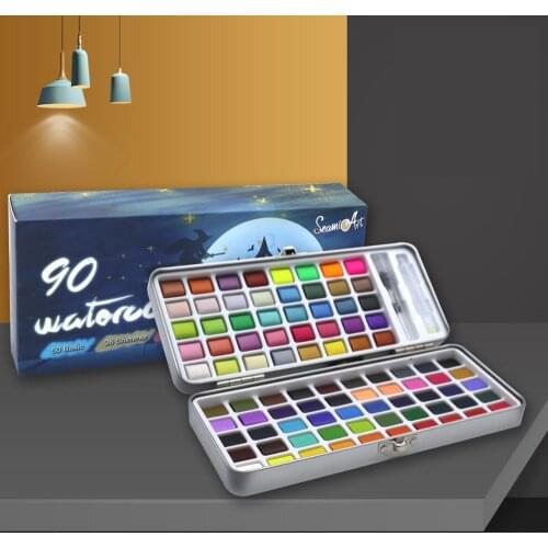 Seamiart 50/72/90 Color Solid Watercolor Paint Set Basic Neone Glitter Watercolor Pigments for Drawing Art Paint Supplies